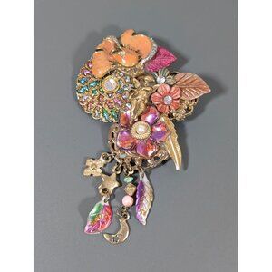 VTG Flower Brooch Assemblage Pink AB Rhinestone‎ Moon Star Dangles Cherub Artist